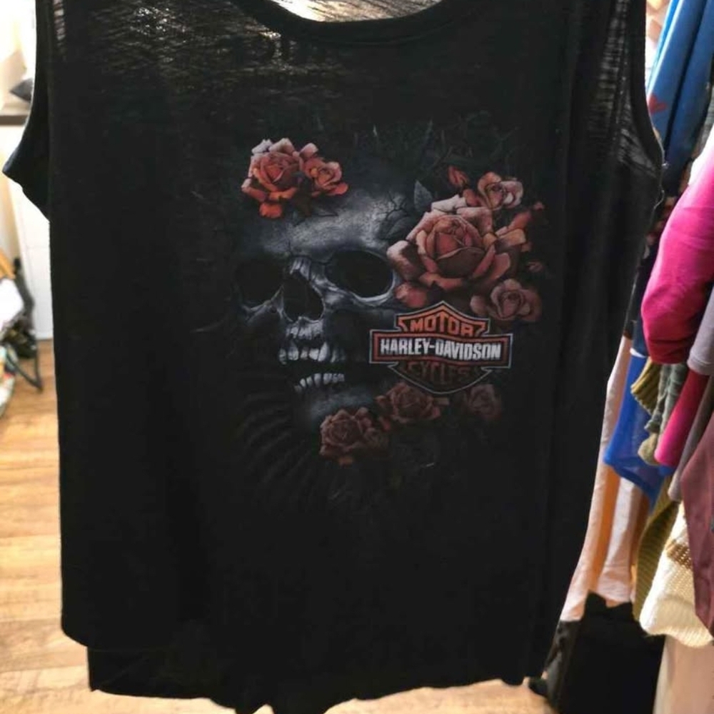 Harley-Davidson Black Skull Rose Tank Top